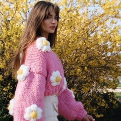 Sweet Floral Appliqué Open Front Bishop Sleeve Crochet Cardigan - Pink