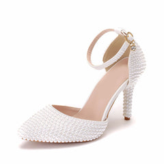 Sweet Pearl Embellished Pointed Toe Ankle Strap Stiletto Pumps - White