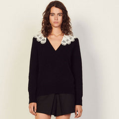 Sweet Peter Pan Collar Deep V Long Sleeve Pullover Sweater - Black