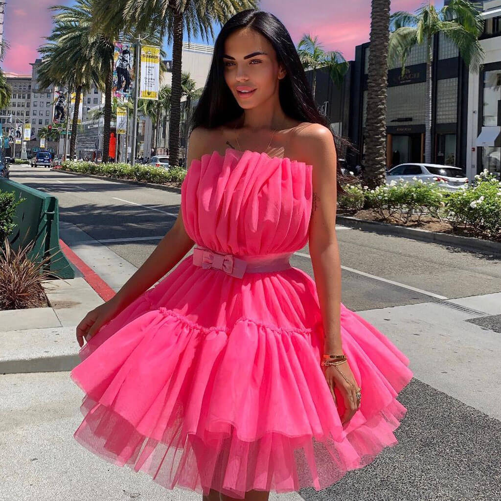 Sweet Strapless Ruffle Bowknot Front Tulle Bandeau Mini Dress - Rose
