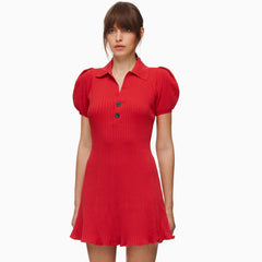Swingy Collared Puff Sleeve A-Line Rib Knit Sweater Mini Dress - Red