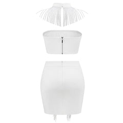 Tassel Choker Strapless High Waist Skirt Matching Set - White