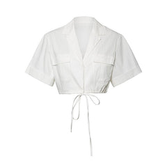 Tie Front Button Down Short Sleeve Cropped Blouse - White