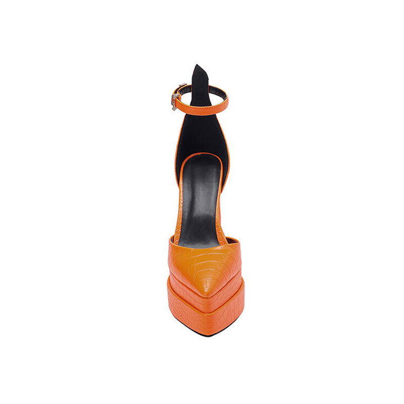 Trendy Croc Effect Pointed Toe Platform Chunky Heel Pumps - Orange