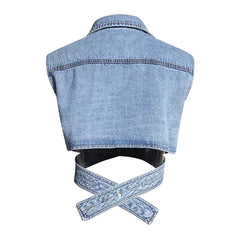 Trendy Crossover Wrap Lapel Collar Cropped Denim Vest