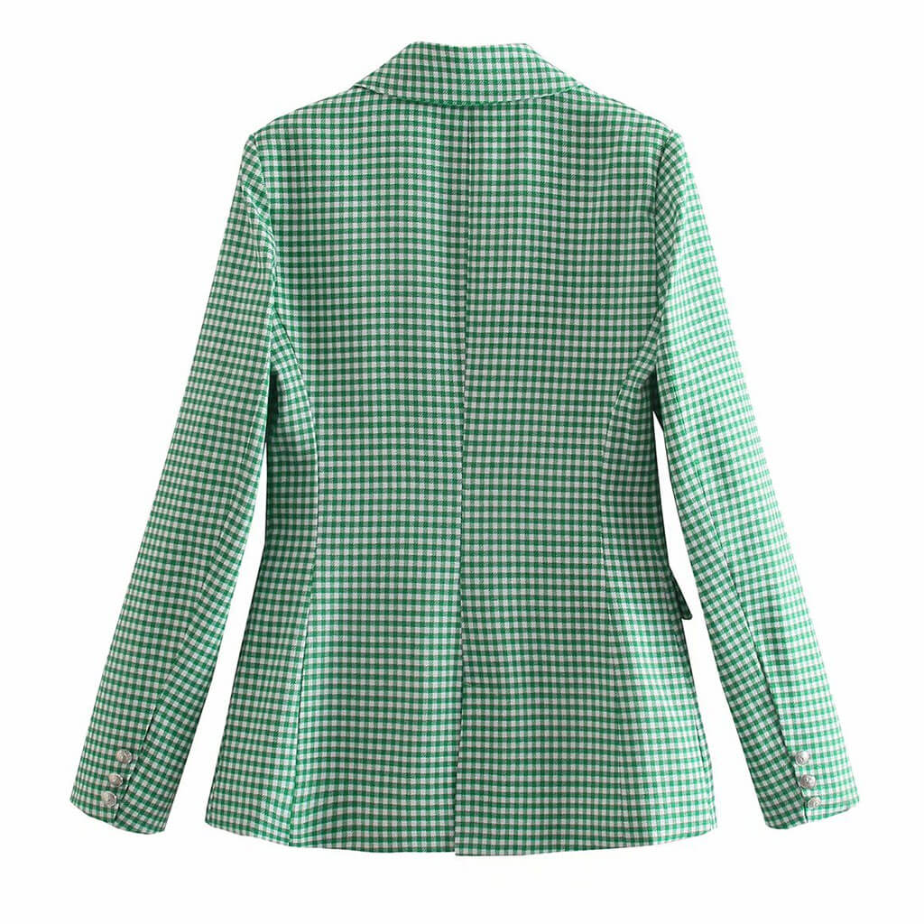 Trendy Gingham Long Sleeve Button Front Lapel Collar Blazer - Green