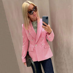 Trendy Gingham Long Sleeve Button Front Lapel Collar Blazer - Pink