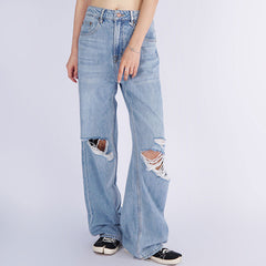 Trendy High Rise Fade Ripped Straight Wide Leg Jeans - Light Blue