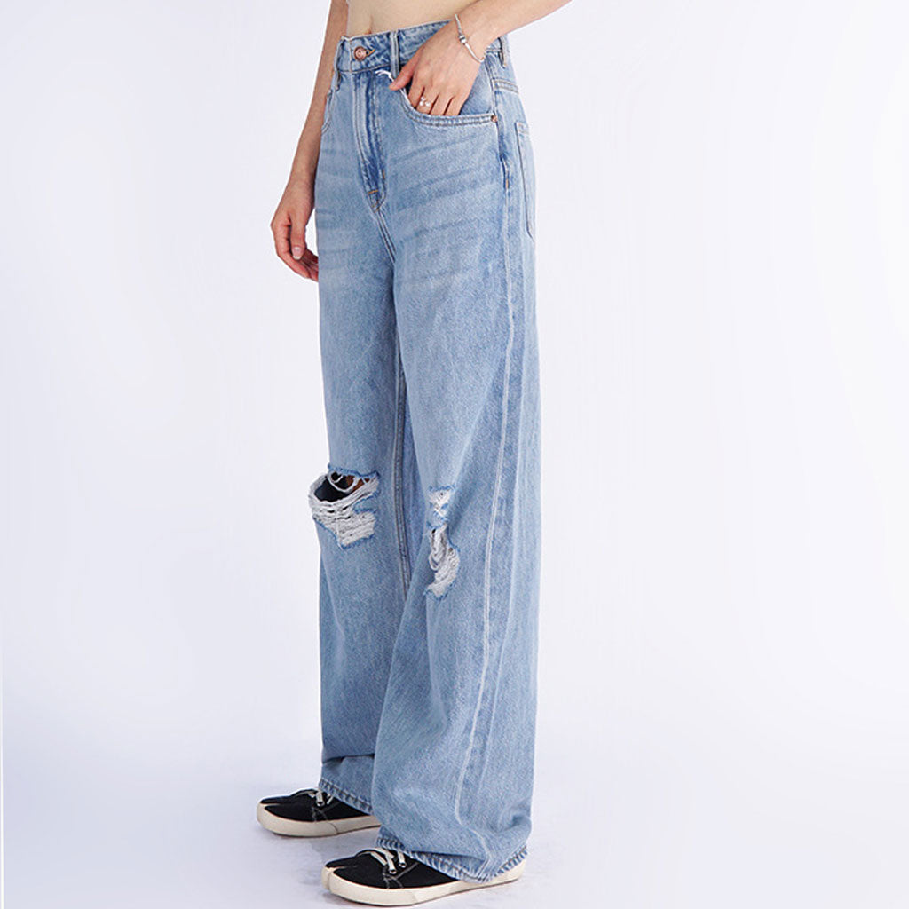 Trendy High Rise Fade Ripped Straight Wide Leg Jeans - Light Blue