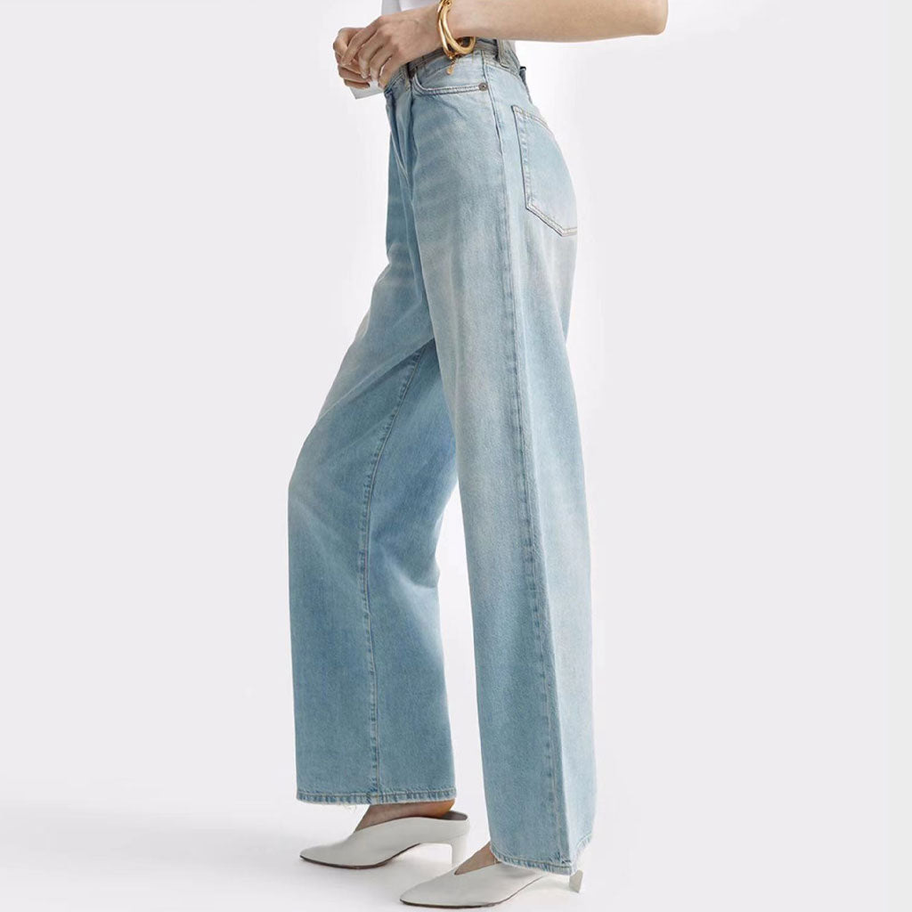 Trendy High Waist Fade Detail Pleated Wide Leg Jeans - Faded Blue