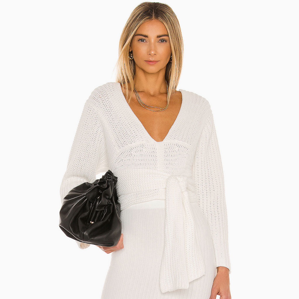 Trendy Long Sleeve Self Tie Deep V Knit Sweater - White