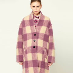 Trendy Long Sleeve Single Breasted Wool Blend Check Coat - Rose