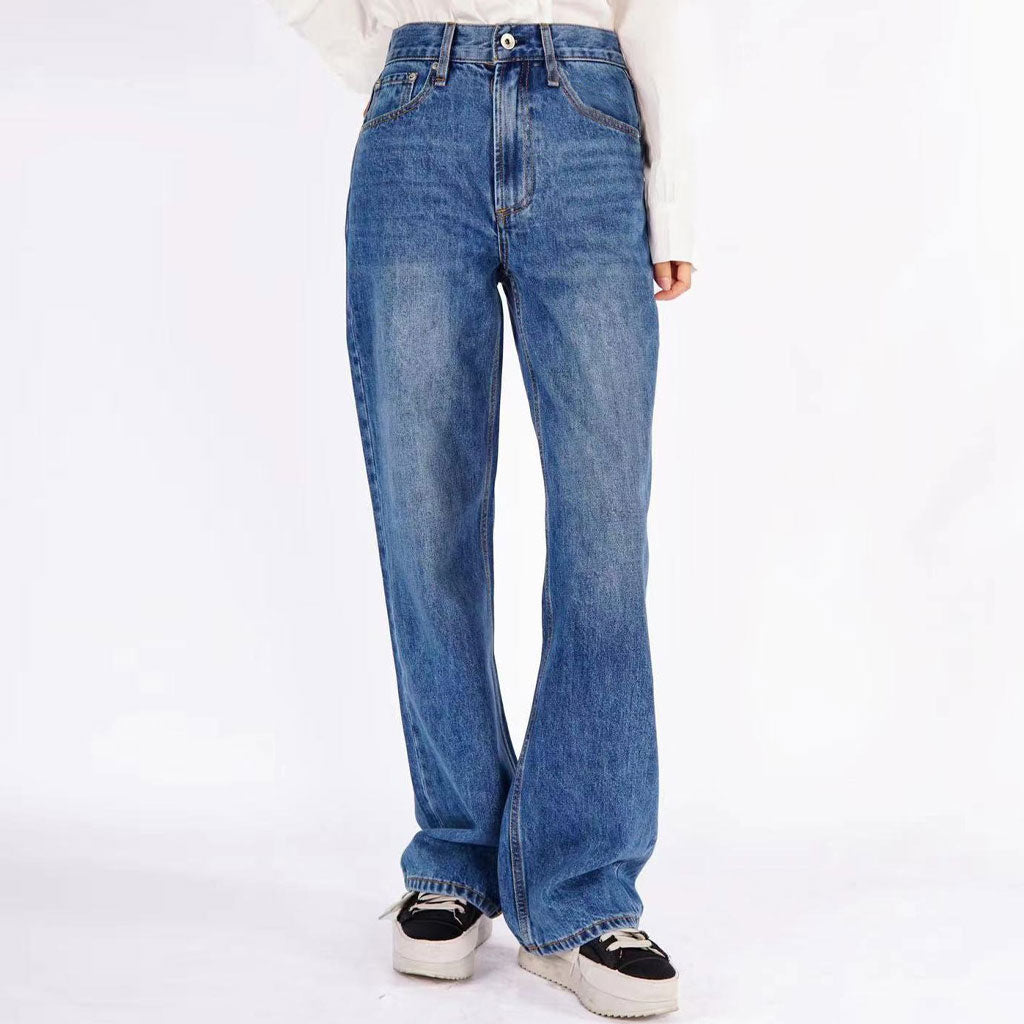 Trendy Mid Rise Fade Detail Straight Wide Leg Jeans - Mid Blue