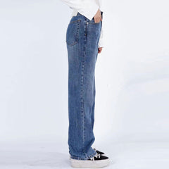 Trendy Mid Rise Fade Detail Straight Wide Leg Jeans - Mid Blue