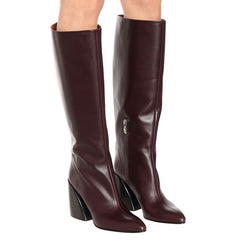 Trendy Pointed Toe Knee High Geometric Heeled Boots - Brown