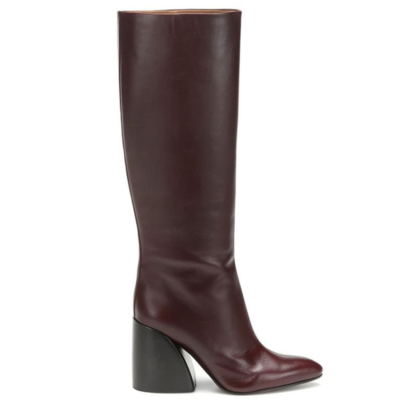 Trendy Pointed Toe Knee High Geometric Heeled Boots - Brown