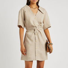 Twist Front Button Up Short Sleeve Linen Mini Shirt Dress - Taupe