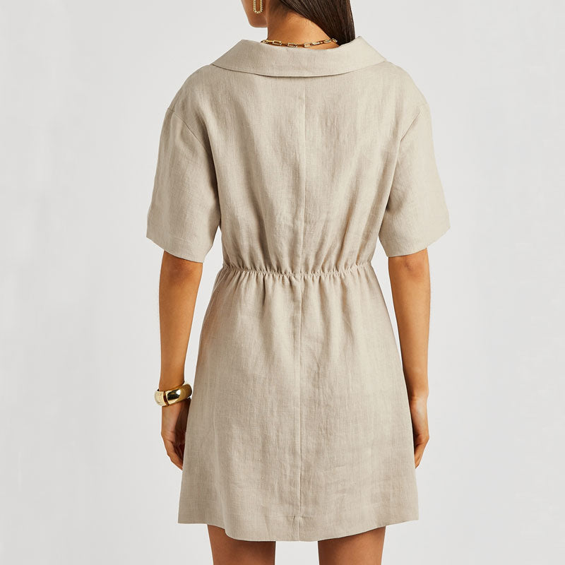 Twist Front Button Up Short Sleeve Linen Mini Shirt Dress - Taupe