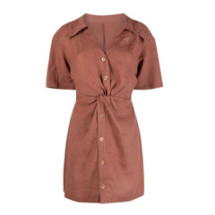 Twist Front Button Up Short Sleeve Linen Mini Shirt Dress - Terra