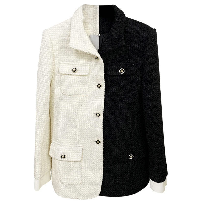 Two Tone Single Breasted Flap Pocket Tweed Blazer Jacket - Black