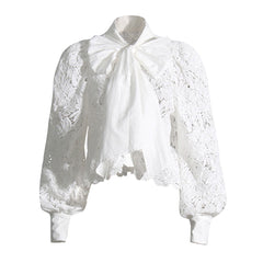 Unique Bow Tie Bishop Sleeve Button Down Cropped Broderie Anglaise Blouse