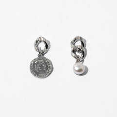 Unique Coin Pearl Pendant Chunky Chain Drop Earrings - Silver