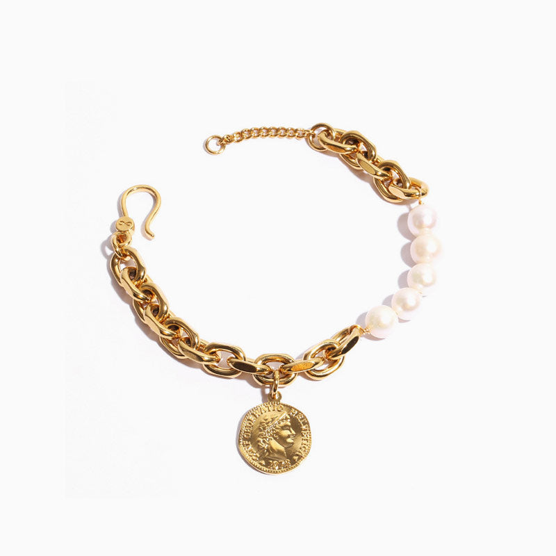 Unique Coin Pendant Chunky Chain Baroque Pearl Bracelet - Gold