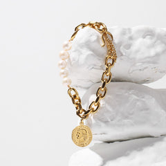 Unique Coin Pendant Chunky Chain Baroque Pearl Bracelet - Gold