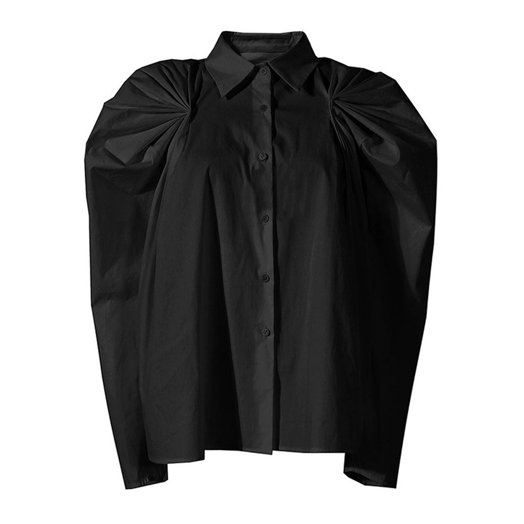 Unique Pleated Detail Puff Sleeve Collared Button Up Blouse