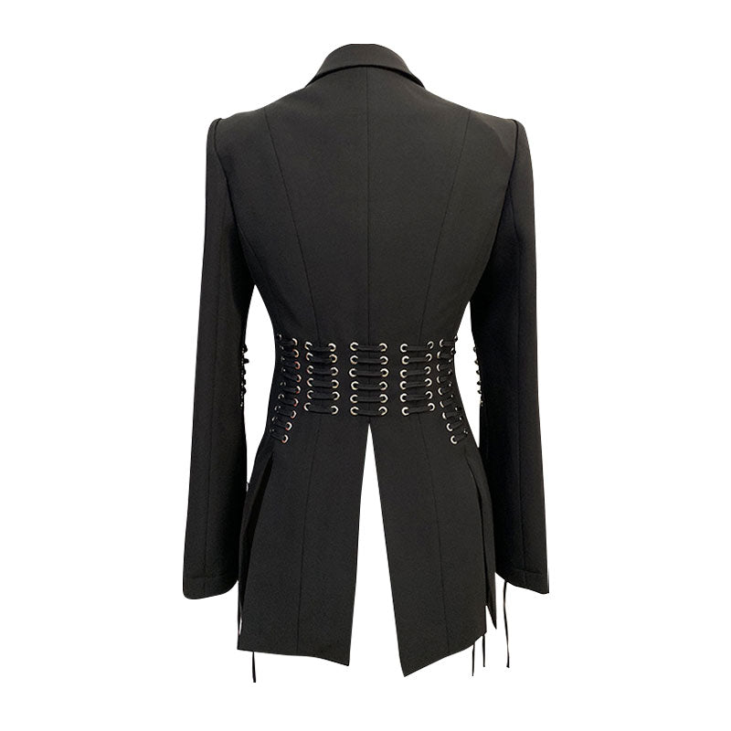 Unique Silver Eyelet Lace Up Slit Sleeve Lapel Collar Single Breasted Blazer