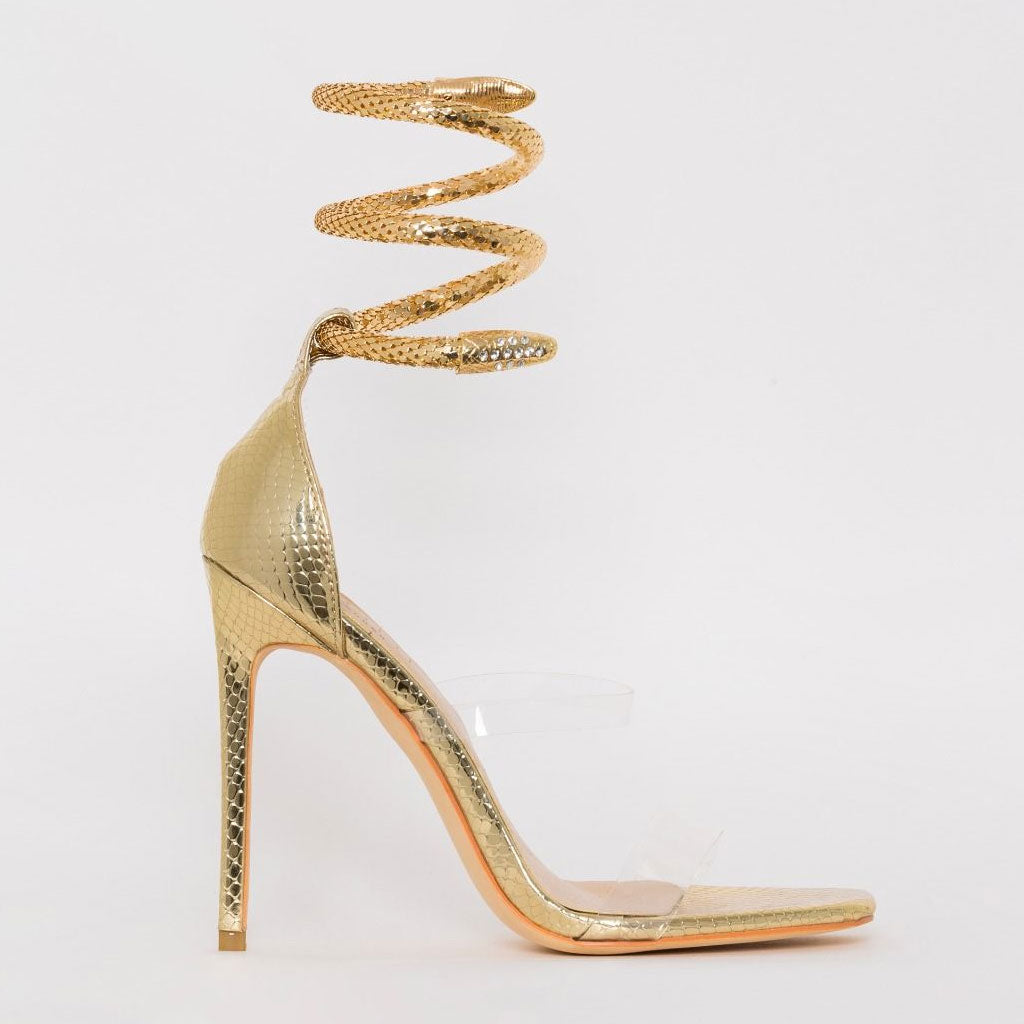 Unique Snake Embellished Clear Strap High Heel Sandals - Gold