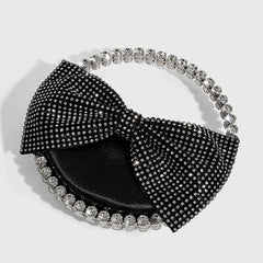 Vintage Crystal Embellished Bow Semicircular Velvet Clutch Bag - Black