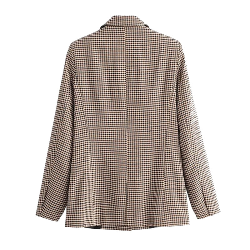 Vintage Double-Breasted Long Sleeve Collared Checked Blazer - Khaki