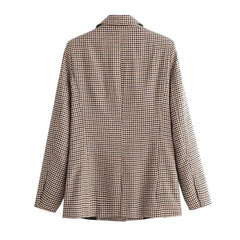 Vintage Double-Breasted Long Sleeve Collared Checked Blazer - Khaki