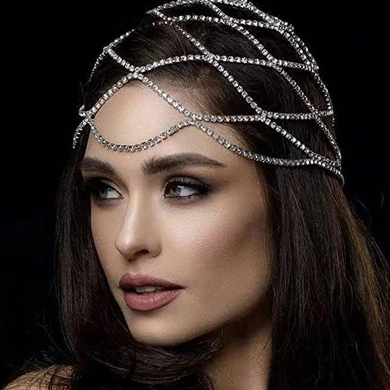 Vintage Flapper Rhinestone Embellished Caged Chain Headpiece - Silver