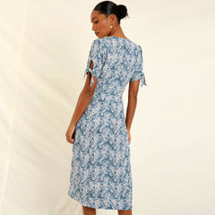 Vintage Floral Print V Neck Button Up Bow Tie Puff Sleeve Midi Dress - Blue