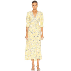 Vintage Floral Print V Neck Lace Trim Puff Sleeve Midi Dress - Yellow