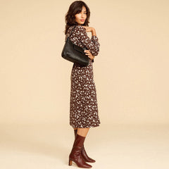 Vintage Long Sleeve Button Front V Neck Midi Floral Dress - Coffee