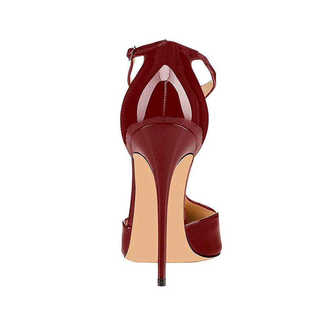 Vintage Patent Leather Pointed Toe T Strap Stiletto Pumps - Burgundy
