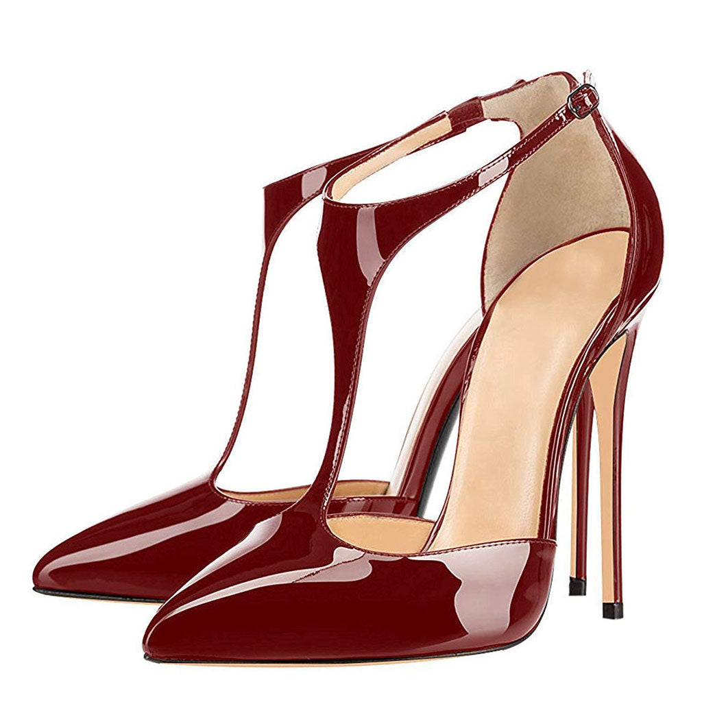 Vintage Patent Leather Pointed Toe T Strap Stiletto Pumps - Burgundy