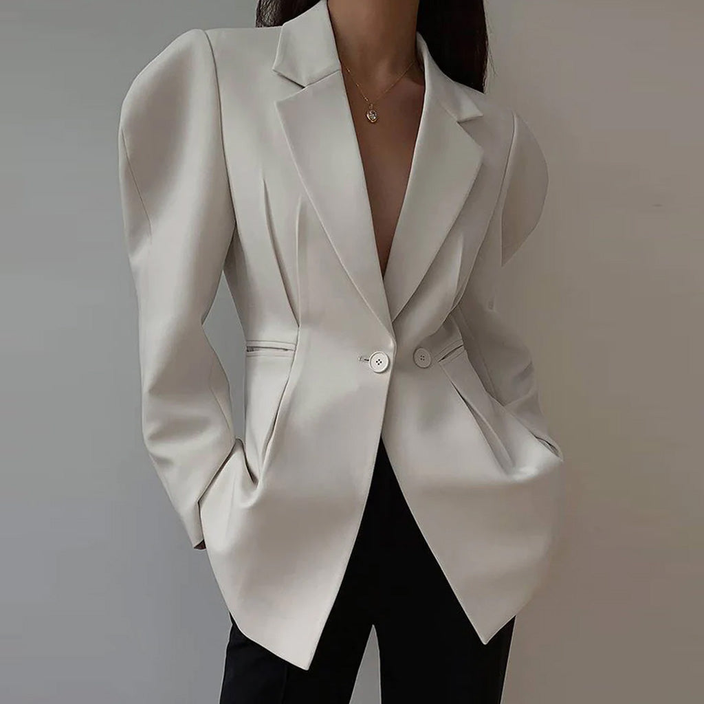 Vintage Shoulder Pad Puff Sleeve Lapel Collar Double Breasted Blazer