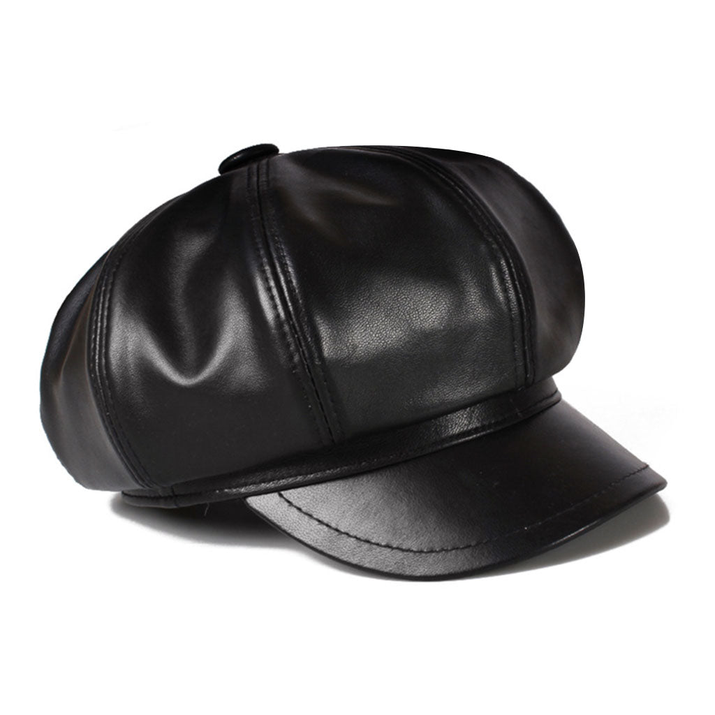 Vintage Wide Brim Leather Little Black Beret Hat - Black