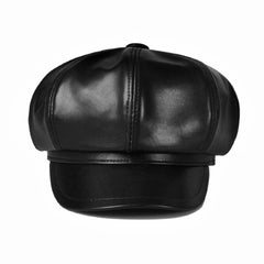 Vintage Wide Brim Leather Little Black Beret Hat - Black